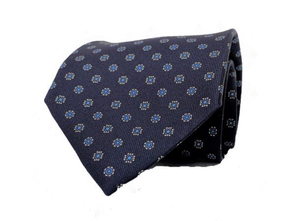 3-fold navy with sky blue and white motif tie