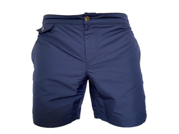 navy swim short with adjustable side-fasteners