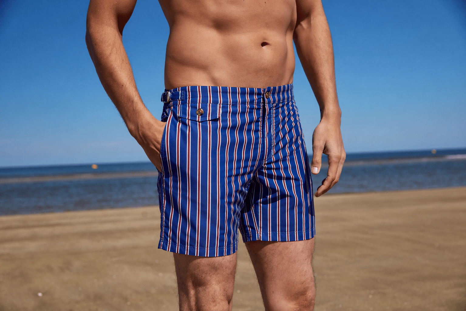blue heritage red & white pinstripe swim shorts