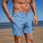 blue circular microprint swim shorts